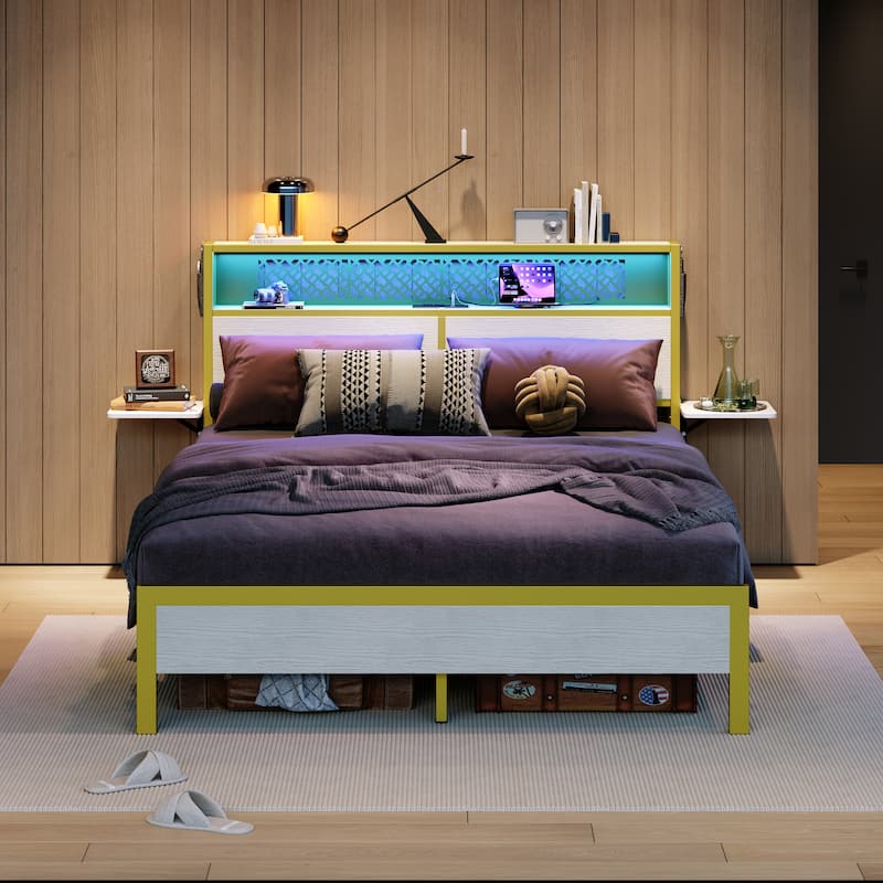 Platform Bed with LED Upholstered Storage Headboard Charge Station Foldable Bedside Shelf