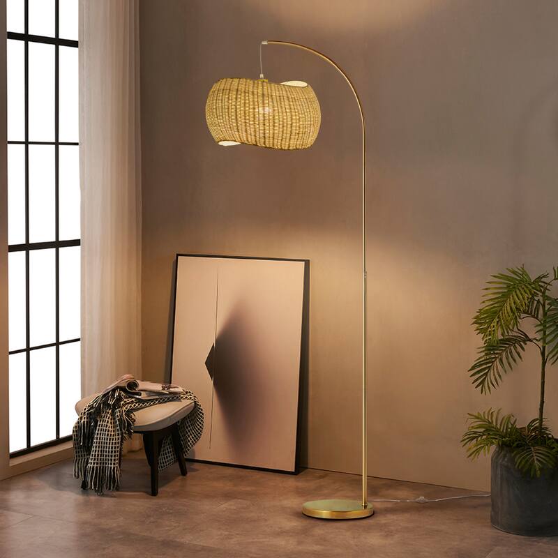 Brightech Wave 81 in. Mid-Century Modern LED Super Bright Floor Lamp with Beige Bamboo Drum Shade