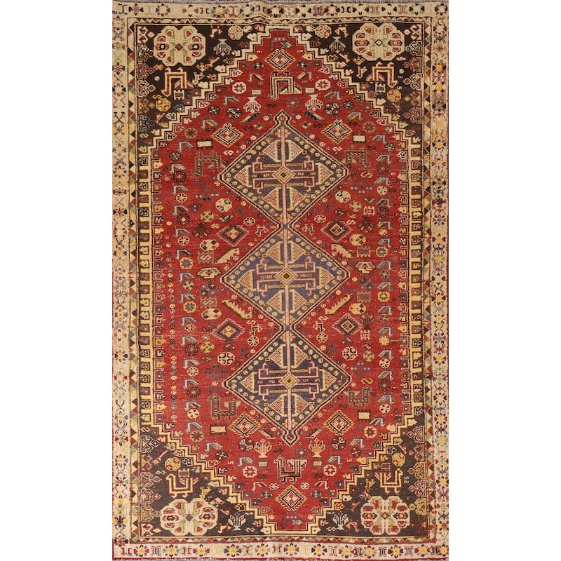 Red Animals Tribal Shiraz Persian Vintage Rug Handmade Wool Carpet - 4'6"x 8'0"
