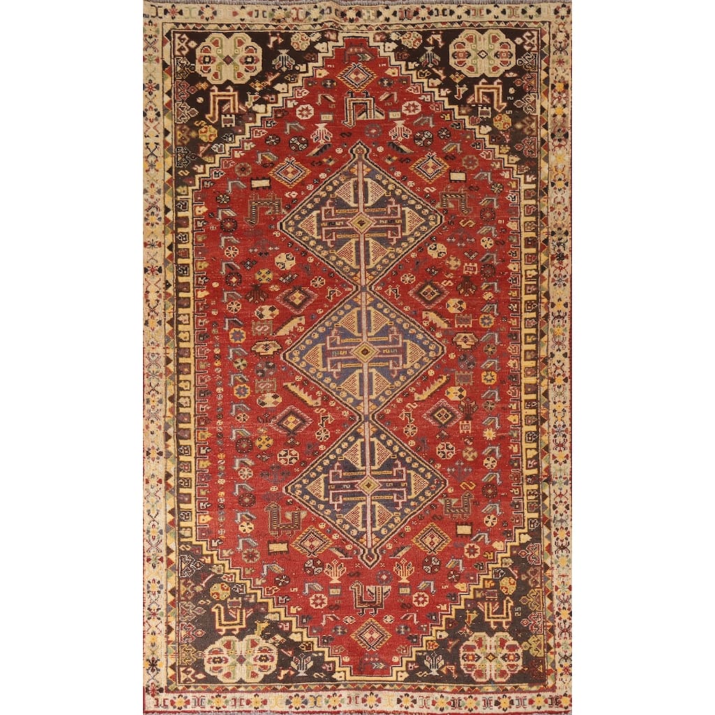 Red Animals Tribal Shiraz Persian Vintage Rug Handmade Wool Carpet - 4'6"x 8'0"
