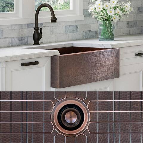 Fossil Blu 30-Inch Heavy 12-GAUGE Dark Patina Copper Farmhouse Sink, Includes Accessories, Flat Front - 30 x 22 x 10