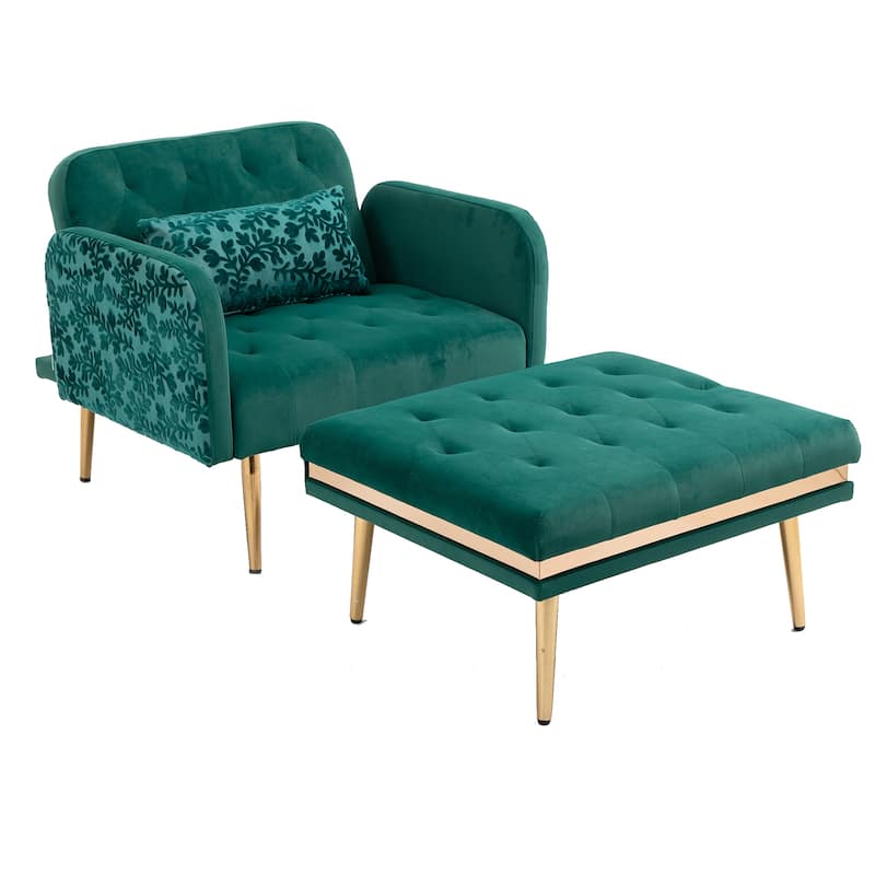 Velvet Upholstered Tufted Living Room Sleeper Chair With Ottoman