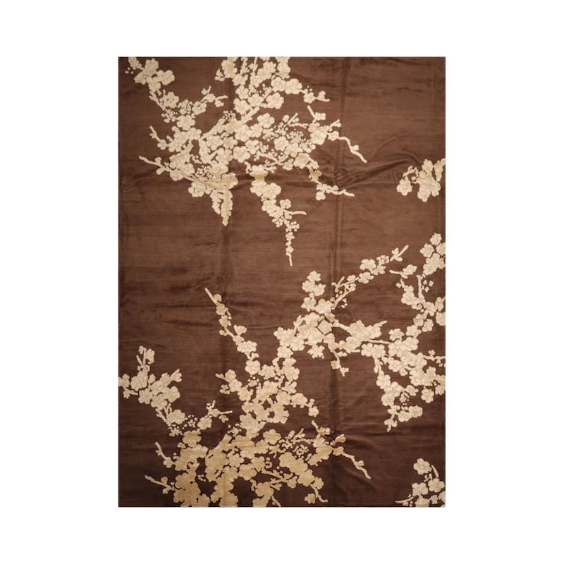 Hand Knotted Brown,Beige Tibetan Wool & Silk Modern Oriental Area Rug - 10' 2'' x 14'