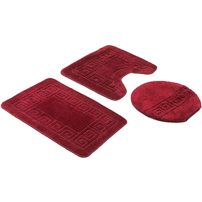 Bath Set 3 Piece Anti-Slip Burgundy Patchwork Bathroom Mat, Large Contour Mat & Toilet Seat Lid Cover