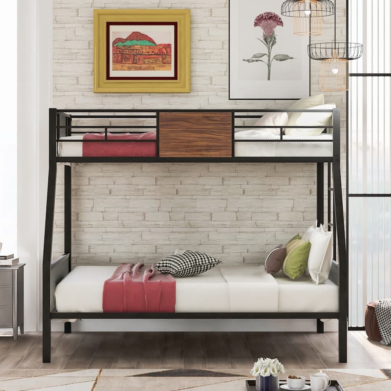Twin-Over-Full Bunk Bed with Sturdy Steel Frame, Wood Accents, Safety Guardrails, and Ladder, Perfect for Boys, Girls, Teens