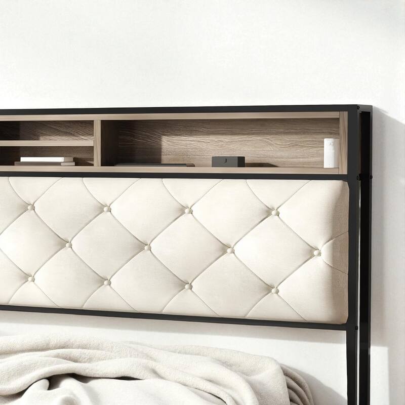 Queen/King Size Platform Bed Frame with Charging Station, Upholstered Storage Headboard & Metal Slats