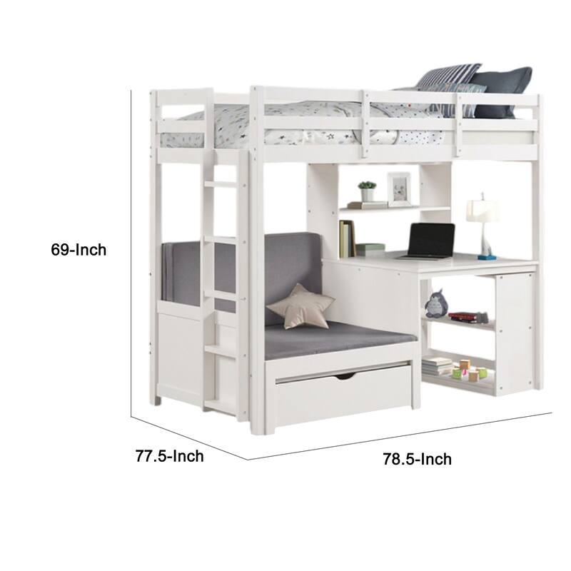 Sirius Twin Loft Bed, Bookcase and Desk, Shelf Unit, White Pine Wood