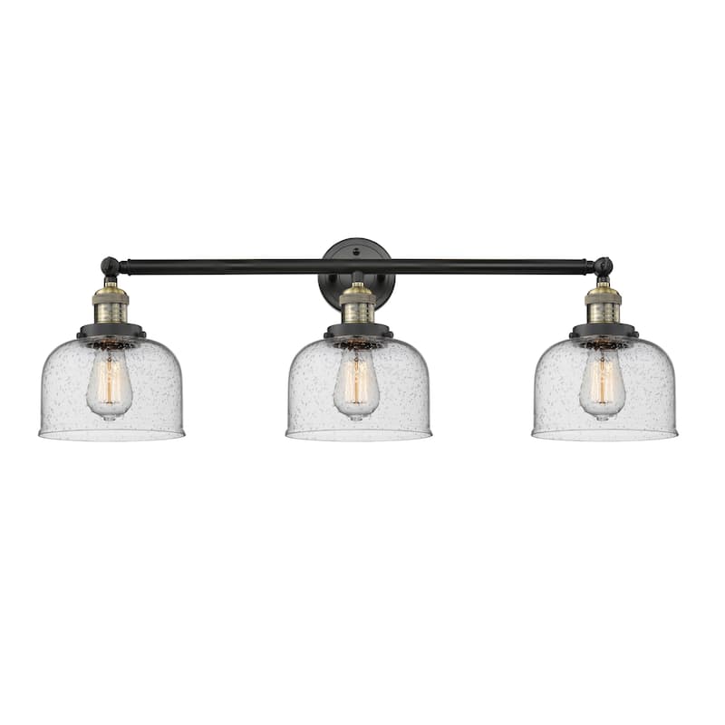Innovations Lighting Large Bell 3 Light 32" Wide Bathroom Vanity Light - Black Antique Brass / Seedy