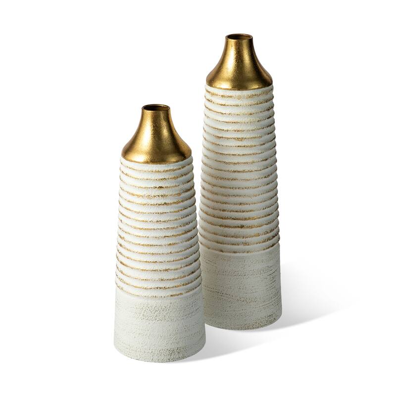 Glitzhome Set of 2 Modern White and Gold Metal Floor Vases