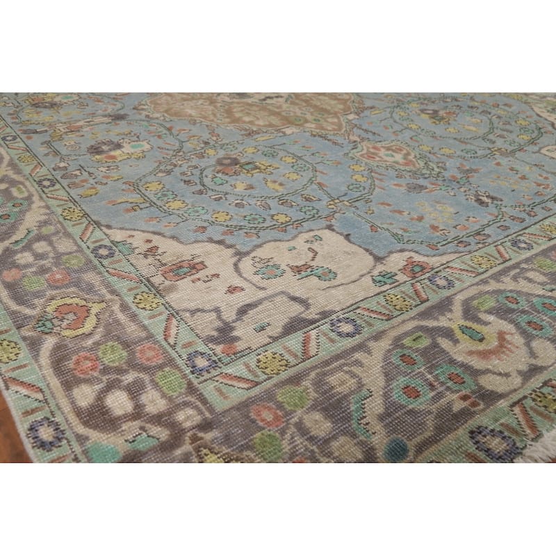 Light Blue Floral Tabriz Persian Rug Oriental Handmade Wool Carpet - 6'7"x 9'2"