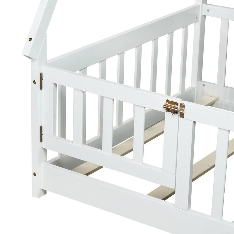 Twin Size Tent-shaped Floor Bed with Guardrails,Slats and Door