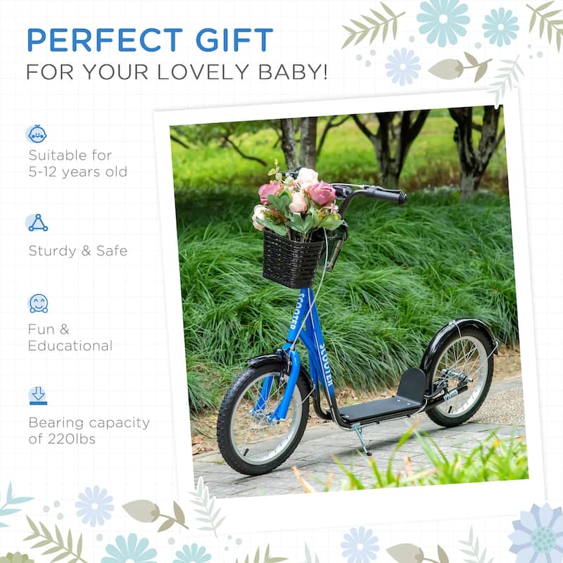 Kids Adjustable Scooter with Dual Brakes Large Rubber Wheels Textured Deck Basket and Cup Holder for Age 5 to 12