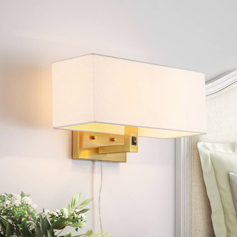 2-Light Modern Transitional Metal & Fabric Wall Sconce with Soft Fabric Shade for Bedroom & Living Room - 2 Light