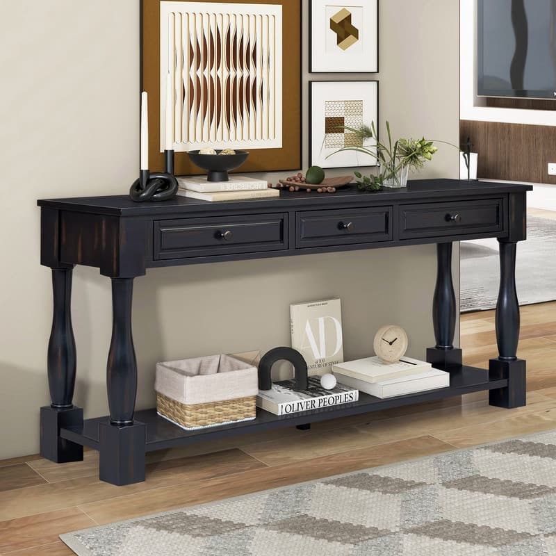 63"Long Console Table with 3 Drawers and Shelf for Entryway and Living Room in Mediterranean Design