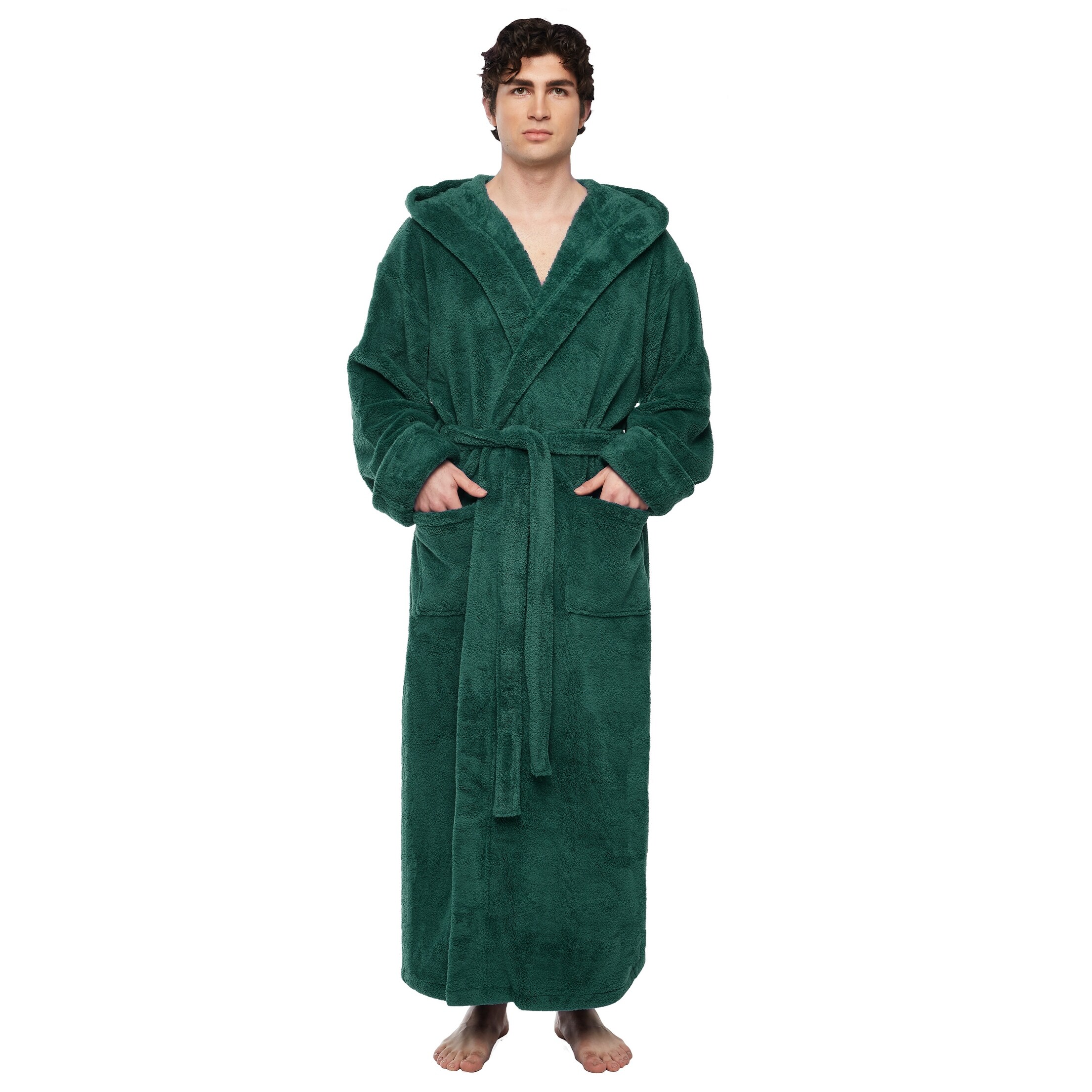 Men s Hooded Soft Plush Fleece Bathrobe Full Length Robe L XL Ankle Length Dark Green