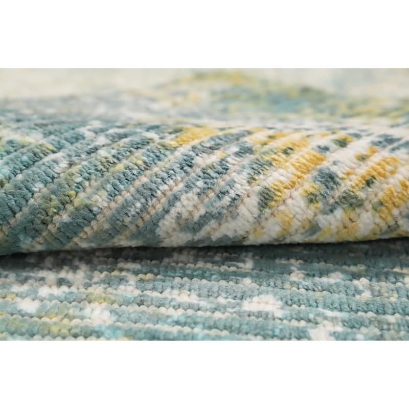 Hand Knotted Oriental Viscose Silk Carpet Modern All-Over Green Abstract Area Rug - 4' 0'' X 2' 0''