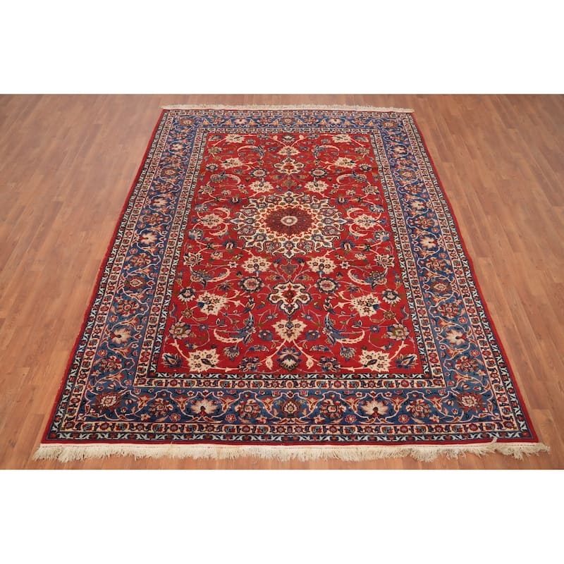 Hand Knotted Oriental 100% Wool Carpet Traditional Floral Red Isfahan Area Rug - 9' 9'' X 7' 6''