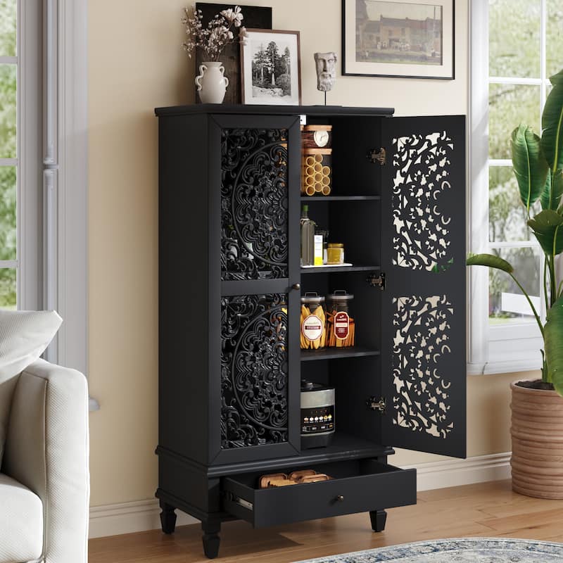 Rossetta Rustic Vintage Design 2-Door Carved Wood Storage Cabinet with Drawer, Solid Wood Legs