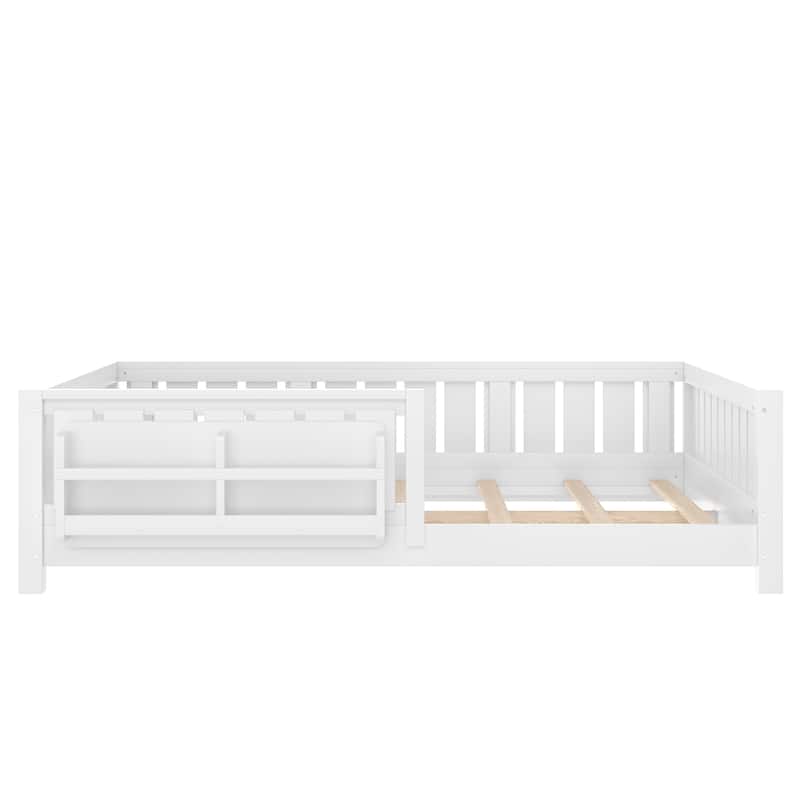 Low Profile Montessori Bed Floor Platform Bed with Fence and Bookshelf