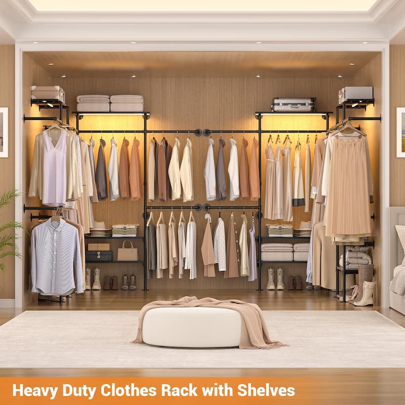 87"W Industrial Pipe Clothing Racks with LED Lights & Open Shelves,Reversible Walk-in Closet Oraganizer System Garment Racks