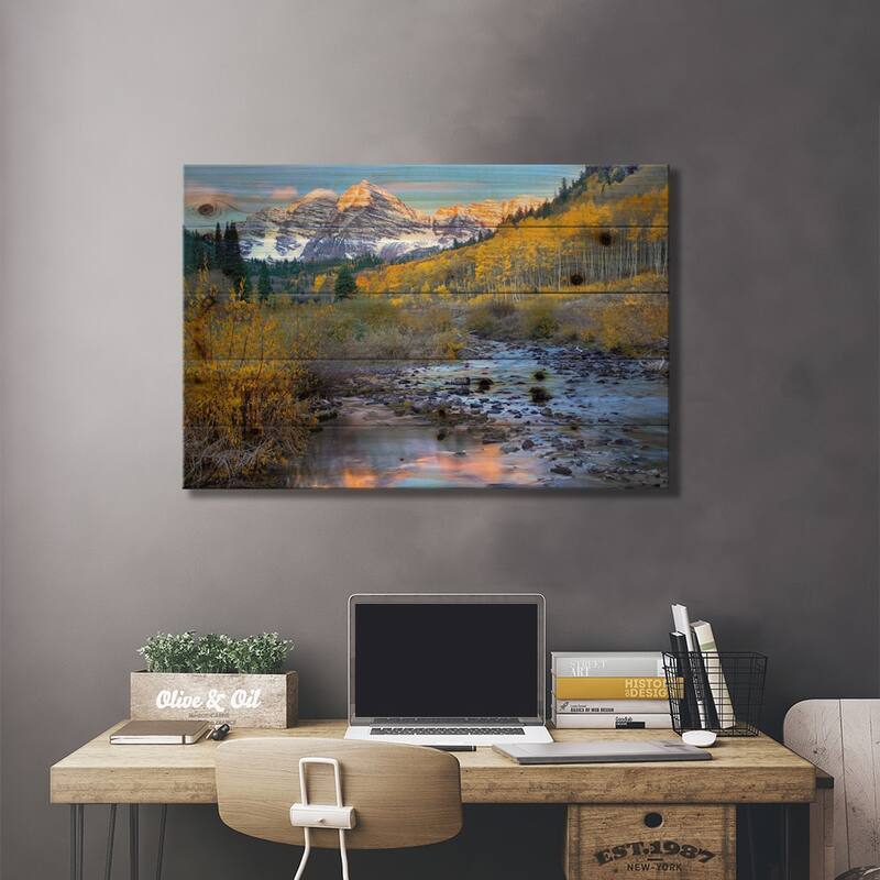 Maroon Bells And Maroon Creek In Autumn, Colorado Print On Wood by Tim Fitzharris - Multi-Color