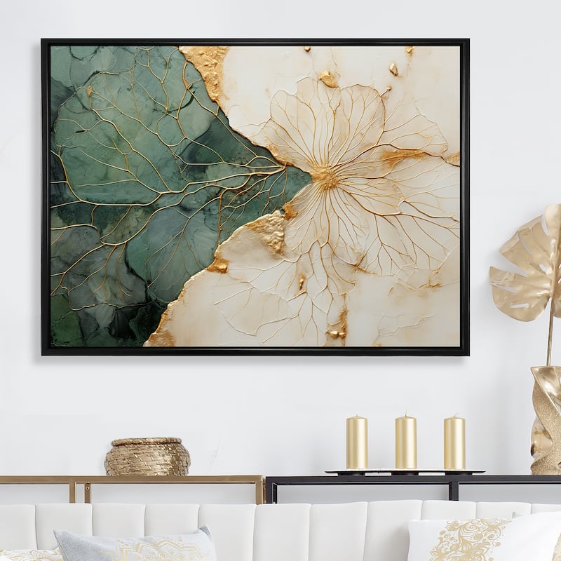 Designart "Green Gold Minimalism Poteries I" Abstract Spirals Framed Wall Art Living Room - 20 in. wide x 12 in. high - Black