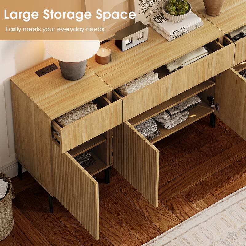 94.5" Wooden Sideboard With Reeded Design, 4-In-1 Modern Credenza With Charging