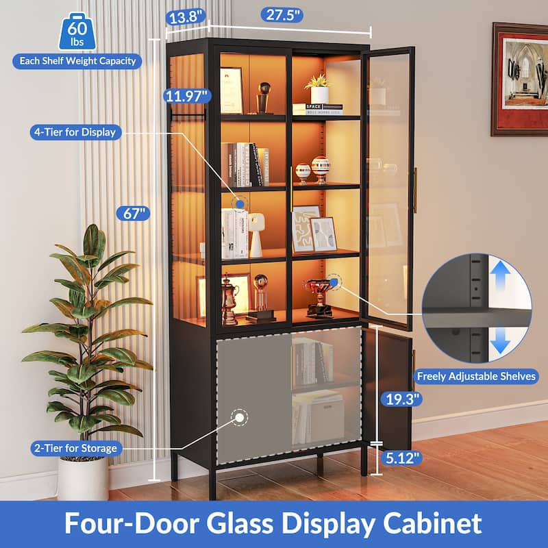 6-Tier Tempered Glass Curio Display Cabinet with 4 Doors, Adjustable Shelves, 13 Color Lights