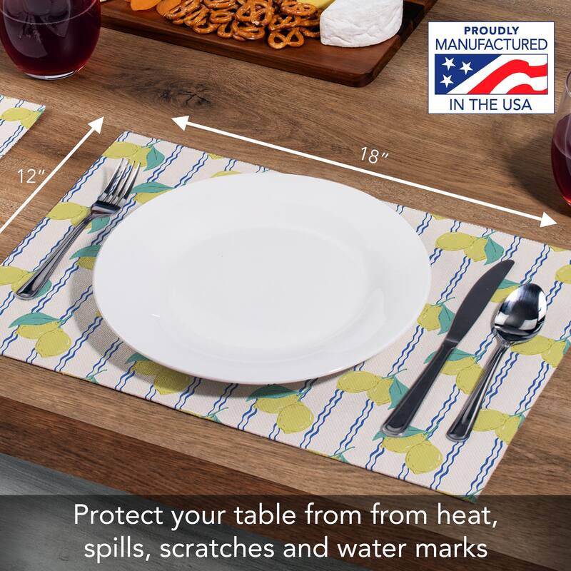Lemon Stripes 4-Pack Poly-Cotton Blend Placemats Manufactured in The USA Machine Washable Dryer Safe