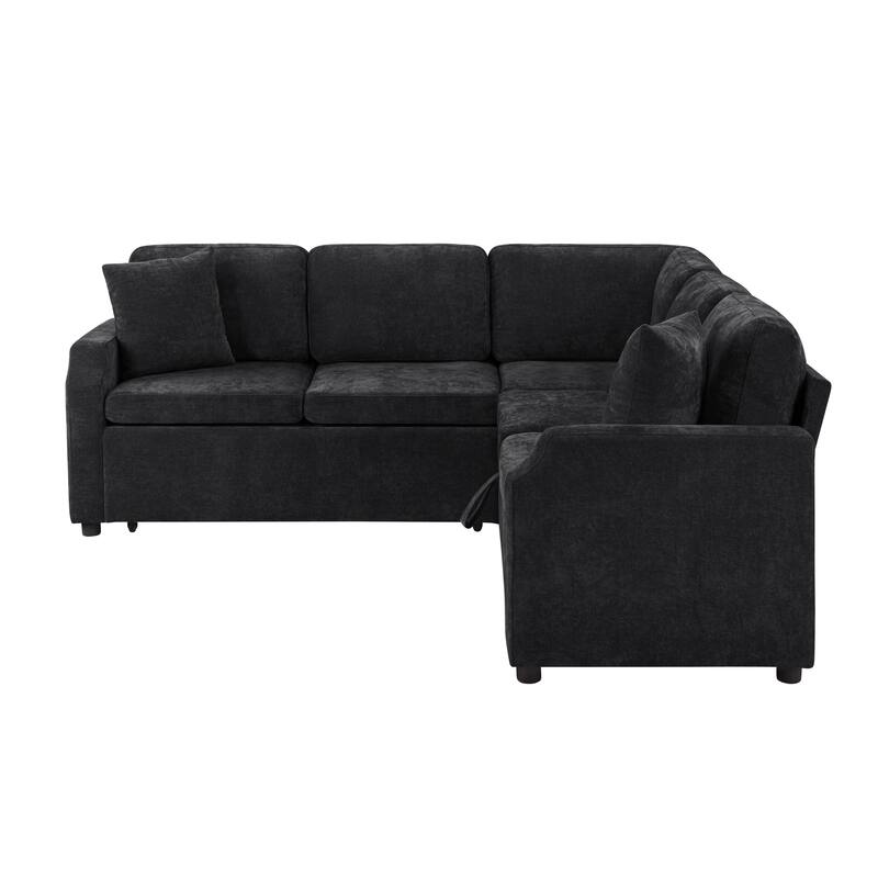 L-Shaped Sectional Sofa Bed, Chenille Upholstered Sleeper Sofa with Hidden Storage Compartment, 4 Seater Corner Sectional Sofa
