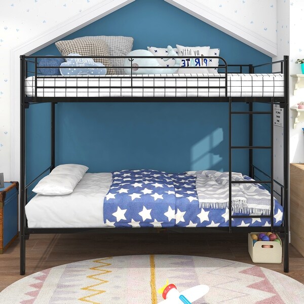 Twin Over Twin Bunk Bed with Metal Frame and Ladder Black Bed