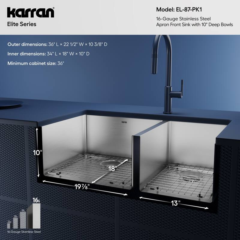 Karran 36" Undermount Double Bowl Stainless Steel Farmhouse Kitchen Sink Kit