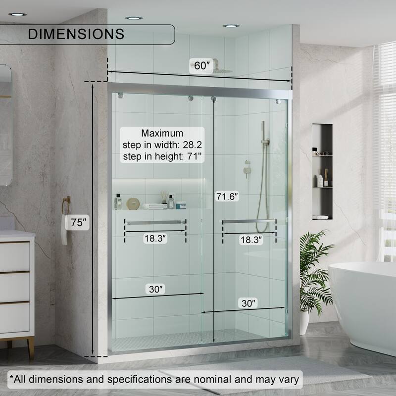 44-48"W/56-60"W x 75"H Double Sliding Shower Door With 8mm Tempered Glass & Aluminum Alloy Frame