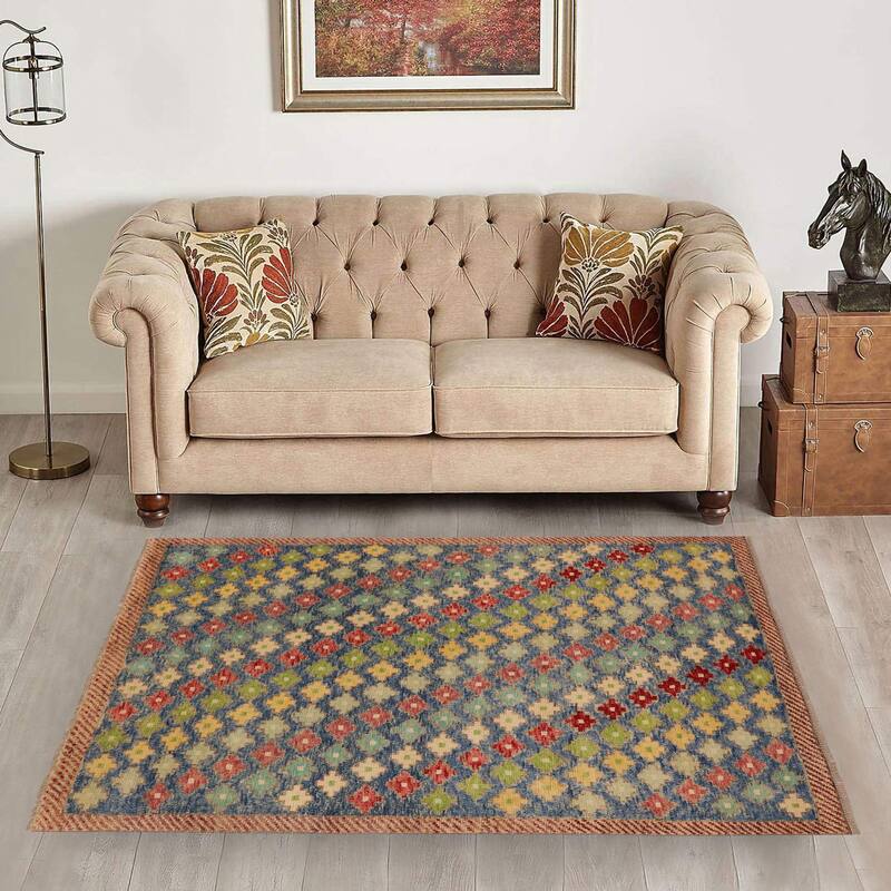 Modern Balochi Berg Blue/Red Hand Knotted Wool Rug - 4'2'' x 6'1''