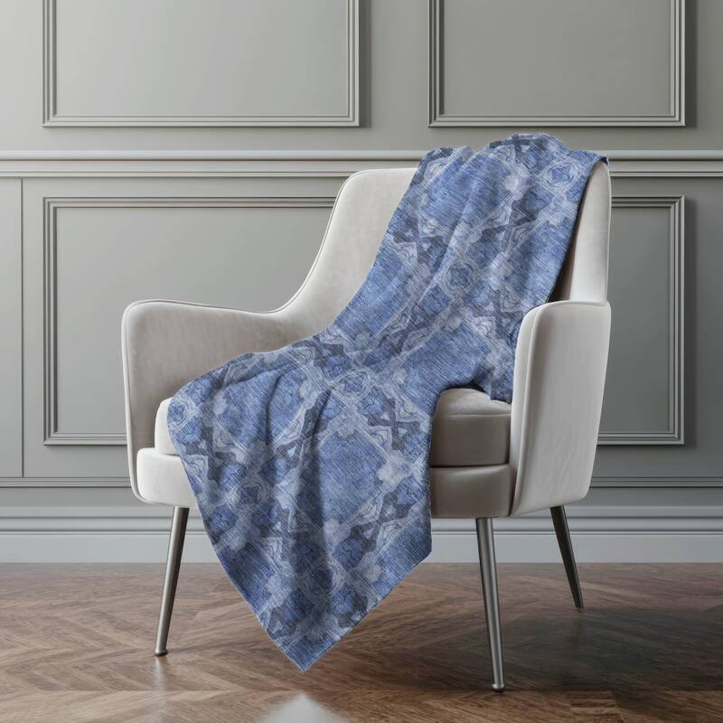 Premium Machine Washable Boho Moroccan Sherpa Throw Blanket - Denim - 4'2" x 5'10"