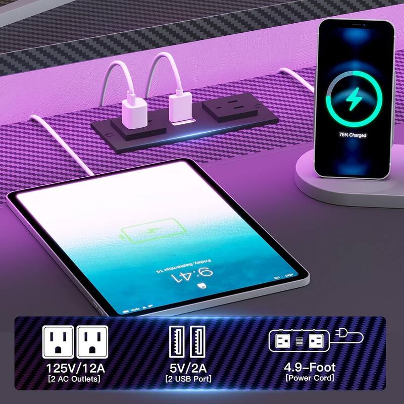 79" L Shape Gaming Desk Computer Desk 2 Fabric Drawers & LED Light
