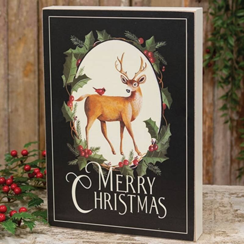 Ivory Black Wooden Box Sign Merry Christmas Deer Cardinal Holiday Decor 11x8 in - 8 x 1.50 x 11.50 in.