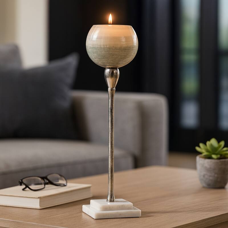 Glass Votive Candle Holder on Marble Stand - Silver