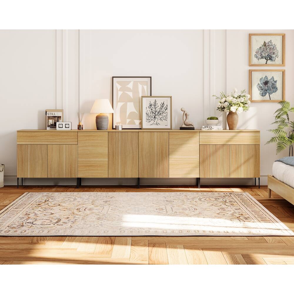 126" Modern Reeded Drawer Dresser Set With Doors, Minimalist Chest Of Drawers With Storage