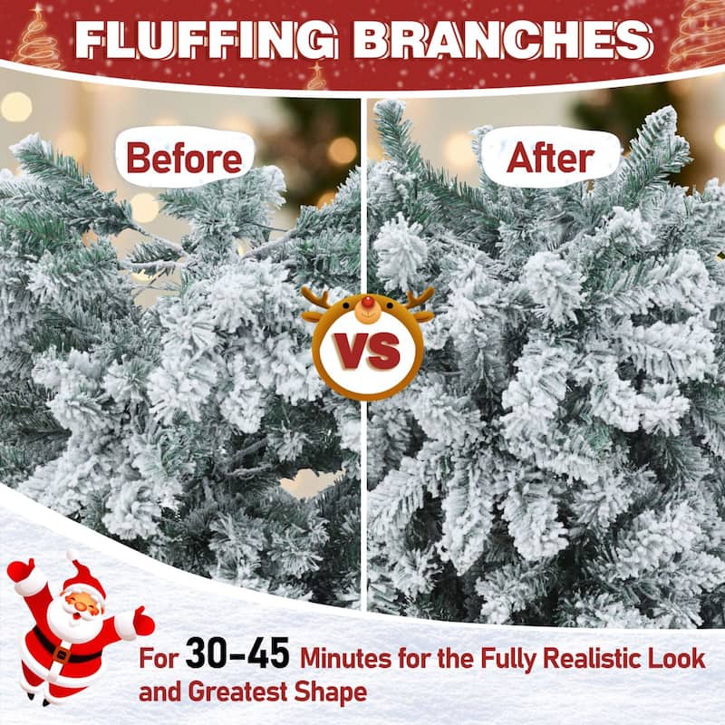 VEIKOUS 6.5FT/7.5FT Pre-lit Christmas Tree Snow Flocked/Artificial with Lights and Metal Stand