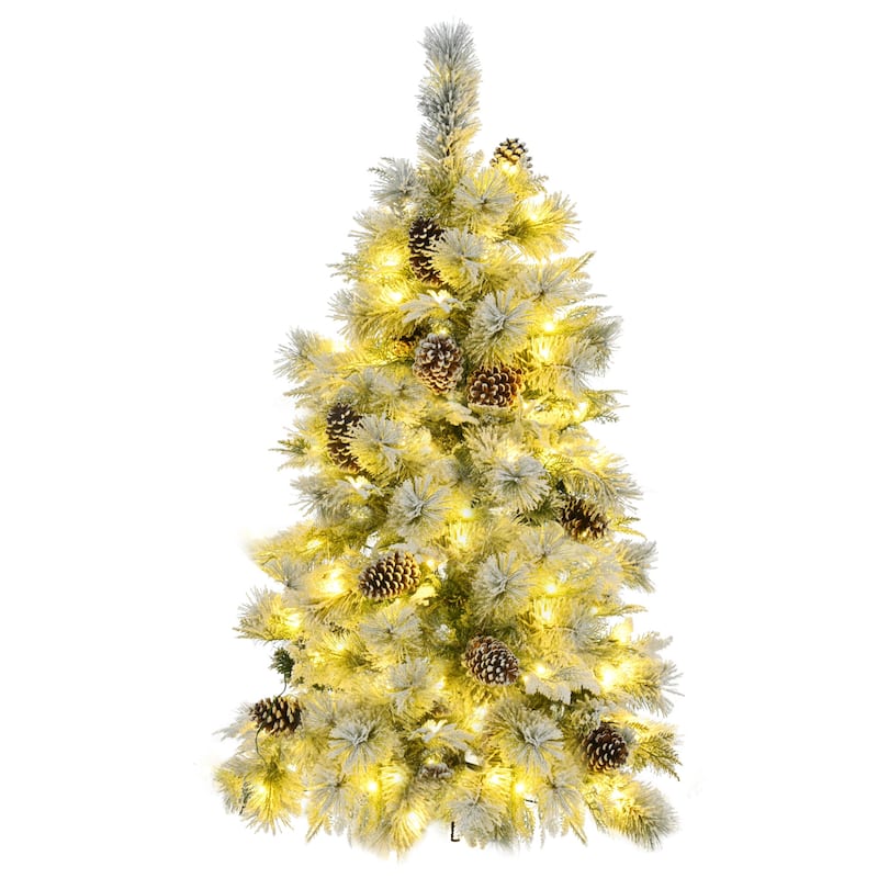 HomeRoots 4' Pre Lit Extra Full Frosted Pine Christmas Tree With Decorations - Green/White - 31.50 in. x 48.00 in. x 31.50 in.