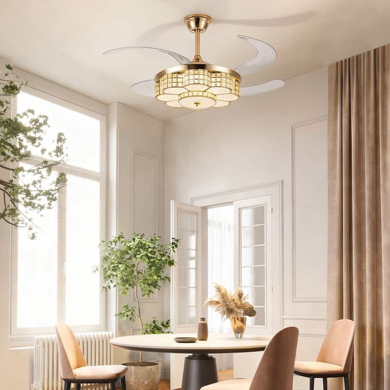 48" Crystal Chandelier Ceiling Fan with Light and Retractable Blades LED Dimmable DC Motor for Bedroom Living Room Kid's Room