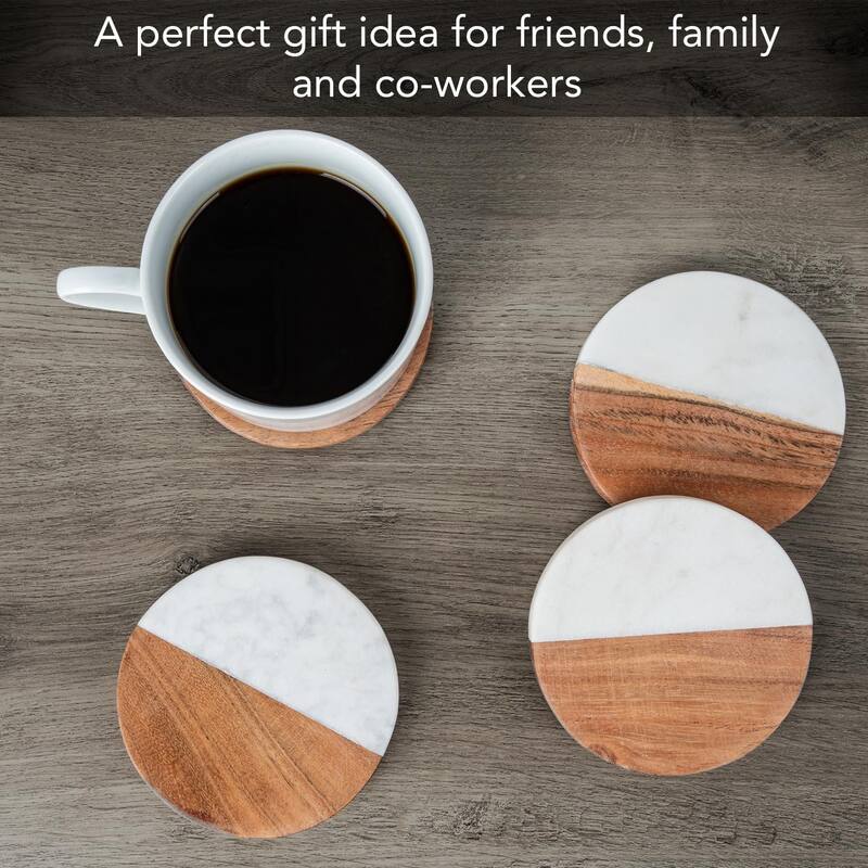 4 Pack Natural Marble & Acacia Wood Round Coasters 4.75" Elegant Heat Tolerant Protects Surfaces