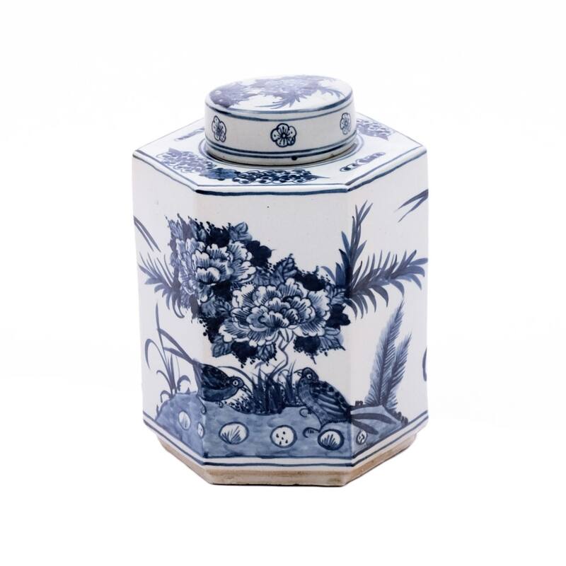 Blue & White Hexagonal Flower Bird Tea Jar