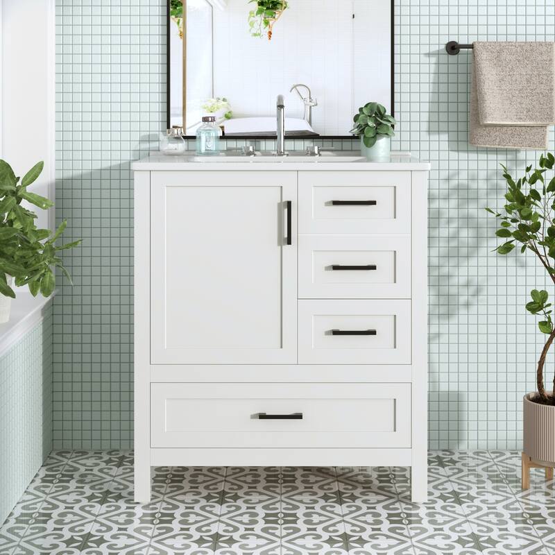 30" Modern Bathroom Vanity Set with Ceramic Sink - Soft-Close Doors & 3 Drawers, Storage Cabinet with Removable Tray