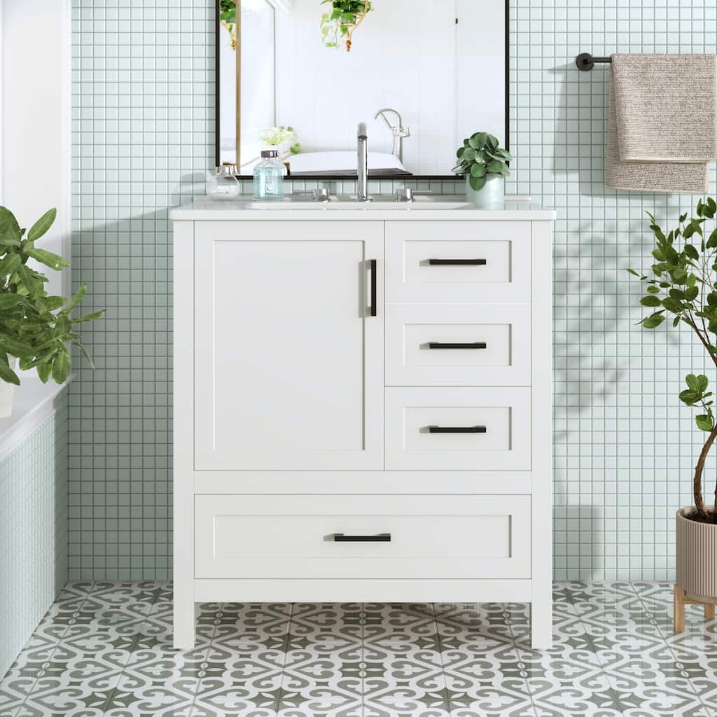 Multifunctional Storage Cabinet Bathroom Vanity with Removable Pull-out Tray, Door Storage Box and 3 Different Sizes Drawers