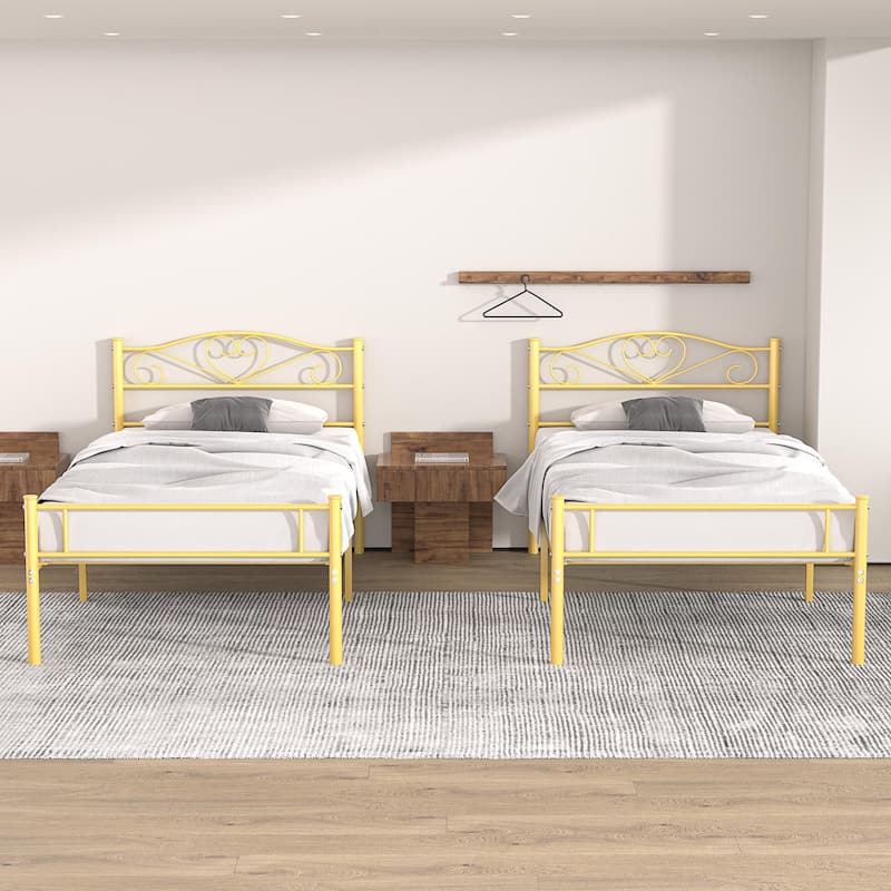 VECELO Twin Size Metal Bed Frame Set of 2, Heavy Duty Platform Beds with Headboard, No Box Spring Needed, Under Bed Storage - Gold - Twin