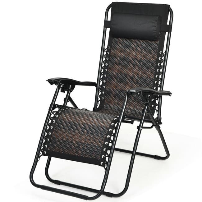 Folding Rattan Zero Gravity Lounge Chair with Removable Head Pillow - 32~61'' x 25.5'' x 34~43.5'' (L x W x H)