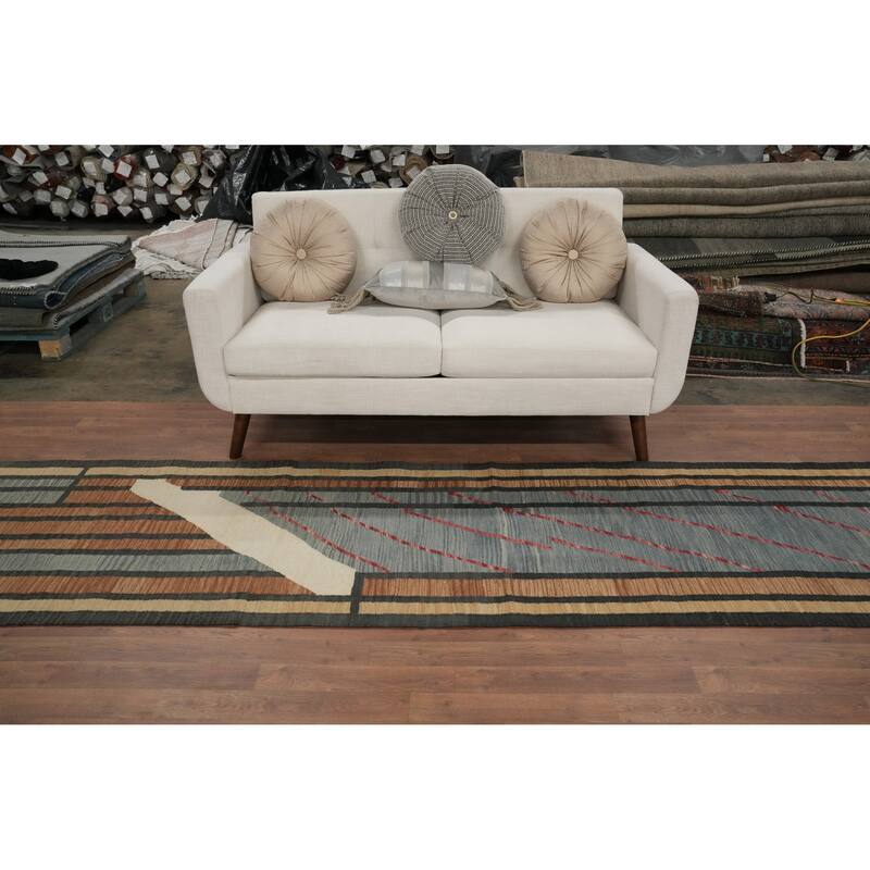 Hand Woven Oriental 100% Wool Carpet Southwestern Modern Greys & Charcoal Kilim Runner Rug - 11' 9'' X 2' 9''