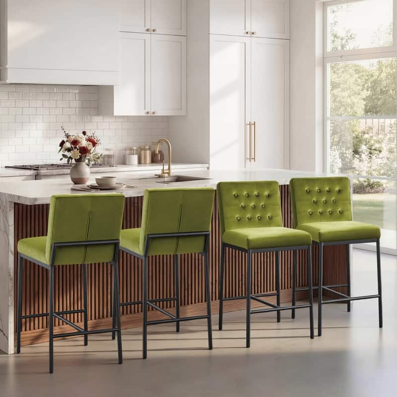 Spruce & Spring Velvet Tufted Counter Bar Stool with Metal Frame - Set of 4 - Olive Green
